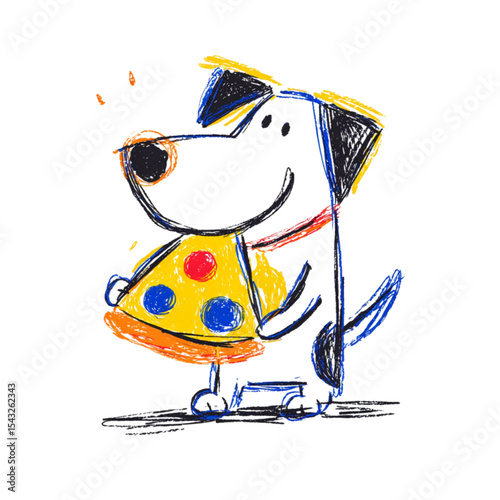 Playful dog holding a slice of pizza with colorful toppings  