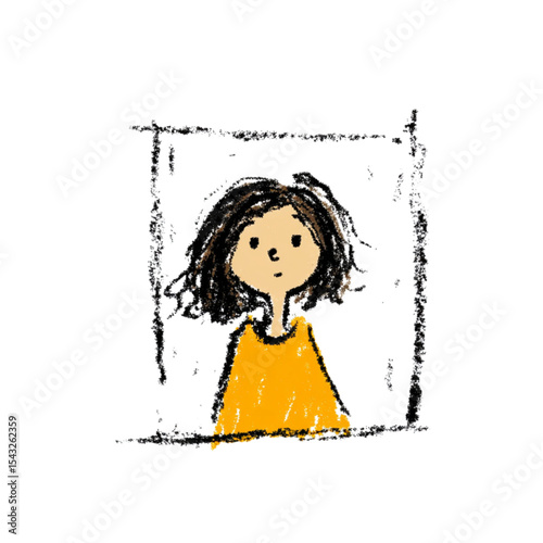 Girl with messy hair wearing orange shirt in a simple drawing  