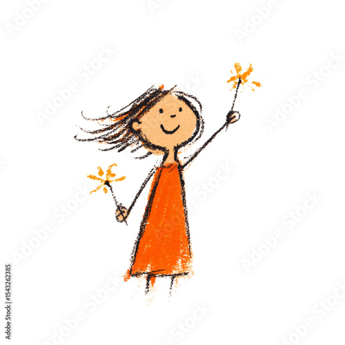 Happy  girl waving sparklers in orange dress with flowing hair  