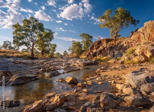 A classic arid landscape with a rocky river bed and blue sky in the afternoon sun, this photograph captures the architecture of Australia's Outback in the northwest. 