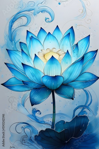 Glowing Blue Lotus Illustration with Luminous Center and Petal Detail