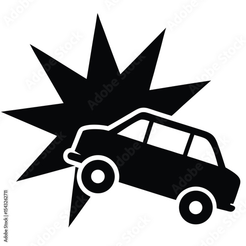Black and white vector illustration depicting a car crash accident with detailed graphics