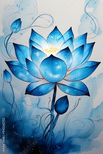 Glowing Blue Lotus Illustration with Luminous Center and Petal Detail
