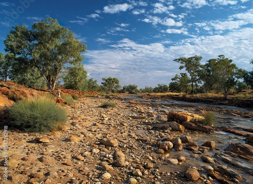 A classic arid landscape with a rocky river bed and blue sky in the afternoon sun, this photograph captures the architecture of Australia's Outback in the northwest. 