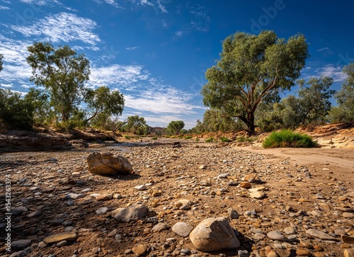A classic arid landscape with a rocky river bed and blue sky in the afternoon sun, this photograph captures the architecture of Australia's Outback in the northwest. 