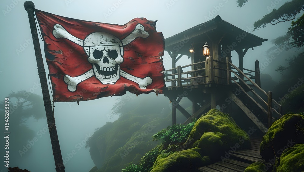 Fototapeta premium Skull Emblem Flag Waving Beside Wooden Structure on Rocky Cliff