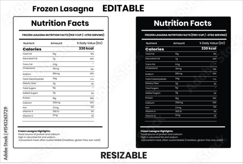 Frozen Lasagna, nutrition facts, nutrition, nutrition label, calories in food, nutrition info, supplement facts, vector template