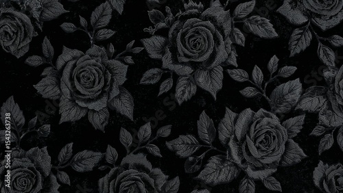 A dark floral pattern featuring roses and leaves in shades of black and gray creating a gothic aesthetic