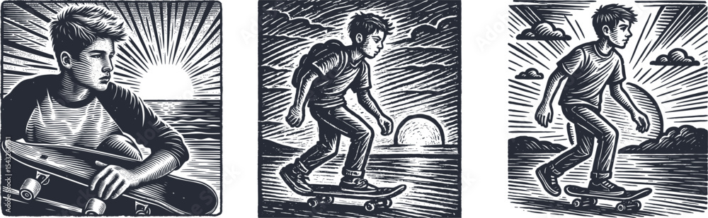 Engraving style woodcut design of teen boy skateboarding alone at sunset, detailed brush grain texture, vintage postal stamp card effect, dynamic outdoor scene with artistic line work and shading
