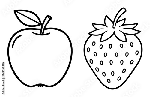 apple and strawberry outline vector fruit illustration monochrome line art