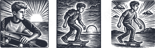 Engraving style woodcut design of teen boy skateboarding alone at sunset, detailed brush grain texture, vintage postal stamp card effect, dynamic outdoor scene with artistic line work and shading