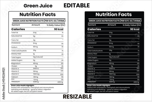 Green Juice, nutrition facts, nutrition, nutrition label, calories in food, nutrition info, supplement facts, vector template