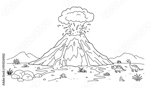 volcano eruption outline vector illustration prehistoric landscape monochrome line art