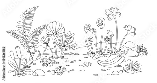 prehistoric forest plants outline vector illustration jurassic monochrome line art