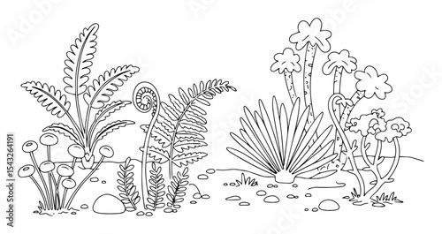 prehistoric plants outline vector illustration jurassic flora monochrome line art