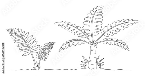 prehistoric plants outline vector illustration jurassic flora monochrome line art