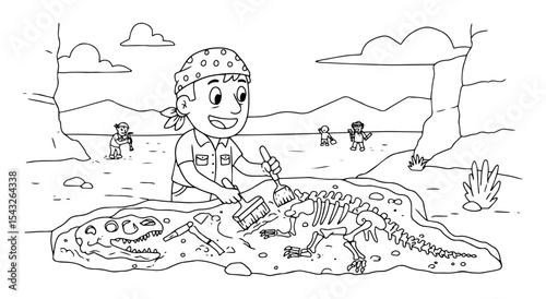 dinosaur fossil excavation outline vector scene cartoon monochrome line art