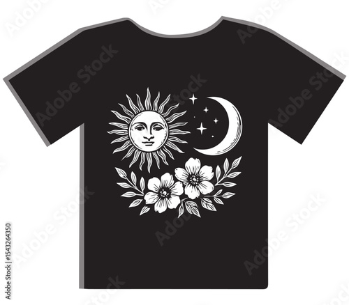 Sun Moon and Floral Cosmic T-Shirt Design
