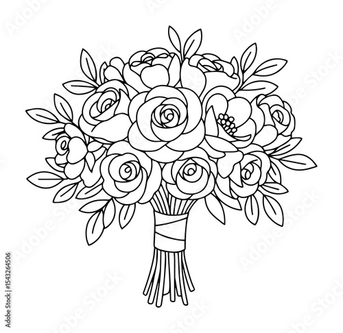 bridal bouquet with roses outline vector illustration monochrome wedding line art