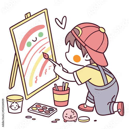 Flat design vector of a kid painting on a canvas. Ideal for art-related, educational, or creative content. Not AI-Generated