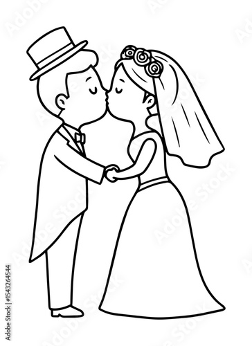 bride and groom kissing outline vector illustration monochrome wedding line art