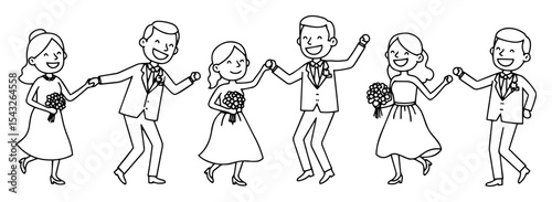 wedding dance group outline vector illustration joyful monochrome line art