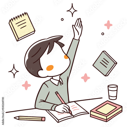 Flat design vector of a young boy raising hand while studying with floating school items. Great for educational and motivational use. Not AI-Generated