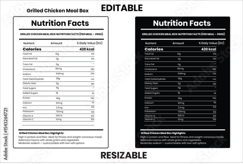 Grilled Chicken Meal Box, nutrition facts, nutrition, nutrition label, calories in food, nutrition info, supplement facts, vector template