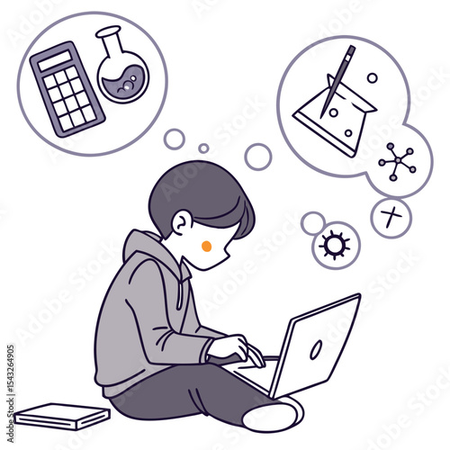 Flat design vector of a person working on a laptop surrounded by icons. Perfect for digital work, freelancing, and productivity content. Not AI-Generated