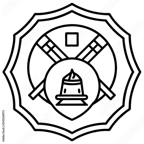 Fire department badge glyph icon. Firefighting emblem with helmet, ladder and extinguisher. line icon symbol.
