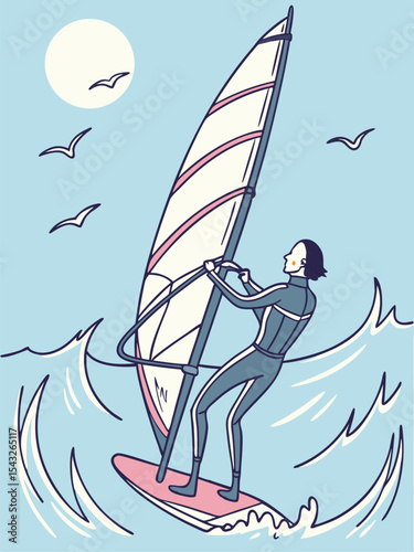 Flat design vector of a person windsurfing in the ocean. Ideal for water sports, summer, and adventure content. Not AI-Generated