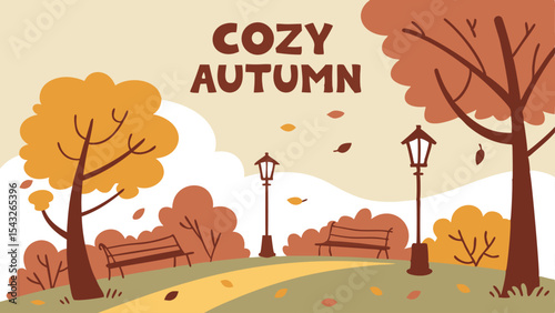 Flat design vector of a peaceful fall scene with falling leaves and warm colors. Ideal for seasonal content. Not AI-Generated