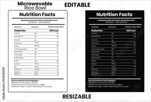 Microwavable Rice Bowl, nutrition facts, nutrition, nutrition label, calories in food, nutrition info, supplement facts, vector template