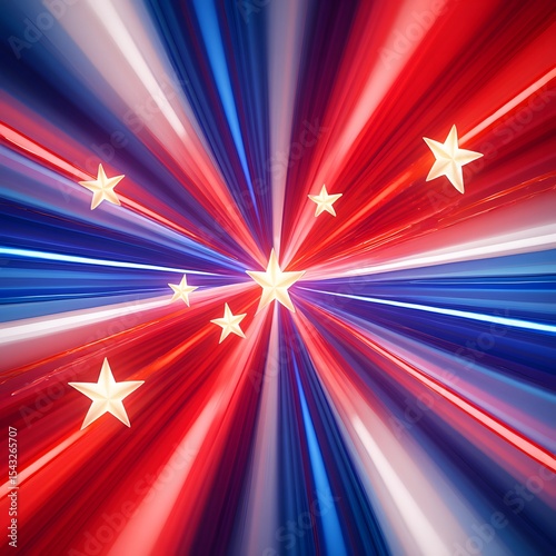 Abstract red, white, and blue starburst background design with gold stars