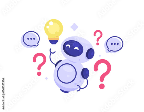 artificial intelligence technology concept. FAQ and assistant robot. AI technology to answer questions. illustration of a robot having an idea with a question mark. technology and solutions. flat