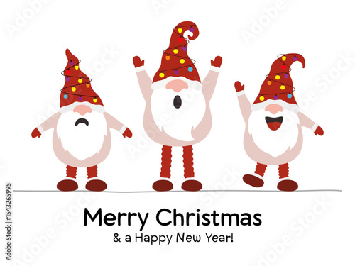 Merry Christmas greeting card with cute little dwarf. Vector holiday illustration.