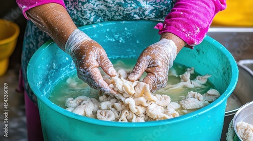 Hands of a person in a pink shirt and apron, covered in flour, working with a large blue bucket of food.