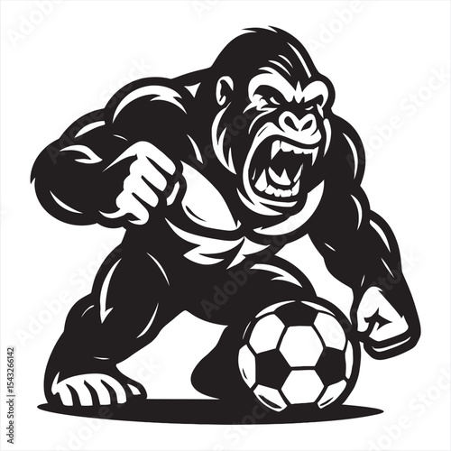 Gorilla soccer mascot roaring with a football