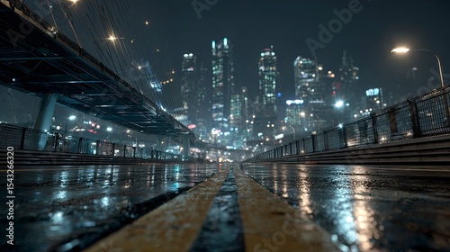 A futuristic city street at night with a bridge, reflections on wet asphalt, and skyscrapers in the background. High-resolution photography, detailed skin texture, photo-realistic landscapes, 