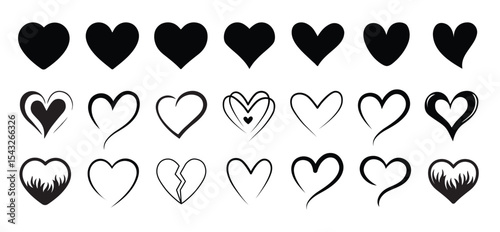 Set of hearts in black color, heart icons set vector, set of hearts different shapes for design. Heart collection. Vector art. Heart, love, romance hearts. Vector icons. Hand drawn hearts tattoo set