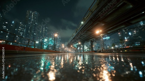 A futuristic city street at night with a bridge, reflections on wet asphalt, and skyscrapers in the background. High-resolution photography, detailed skin texture, photo-realistic landscapes, 
