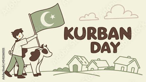 Aesthetic vector design of family celebrating Kurban Day with goat in front of mosque, symbolizing the Islamic sacrificial tradition. Not AI-Generated