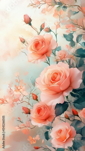 An oil painting of a blooming rosebush with vibrant pink roses, green leaves, and a pastel background. Radiates warmth, serenity, and nature's beauty.