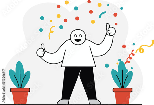 "Flat minimalist vector illustration of an abstract character celebrating with confetti, thumbs up or check mark icon, small potted plant nearby, modern clean style for web."
