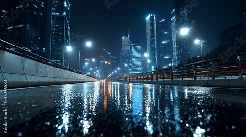 A futuristic city street at night with a bridge, reflections on wet asphalt, and skyscrapers in the background. High-resolution photography, detailed skin texture, photo-realistic landscapes, 