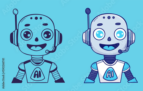 Face Chatbot Robot, Assistant AI. Virtual character set. Vector color and doodle hand drawing. Isolated Avatar for tech, chatbot, futuristic design. Not AI