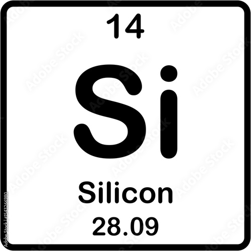 Chemical element of periodic table. Silicon or Si.
