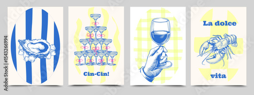Italian doodle food and drinks. Summer sea food. La Dolce Vita sketch set for poster and placard. Wine, champagne, lobster, oyster on yellow and blue frames with pattern. Coastal hand drawn symbols
