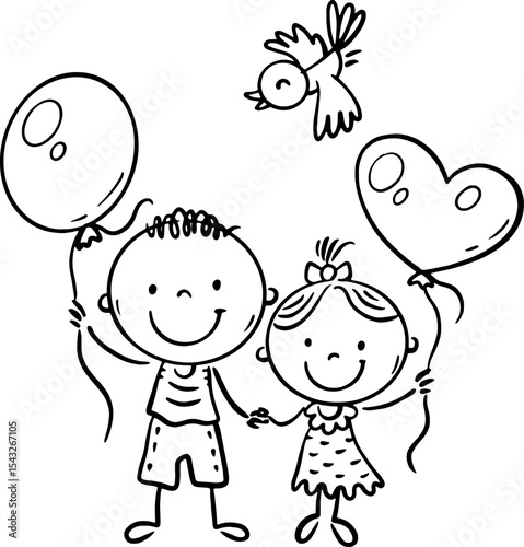Happy kids with balloons. Black and white clipart