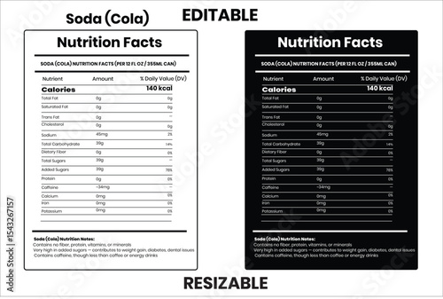 Soda (Cola),nutrition facts, nutrition, nutrition label, calories in food, nutrition info, supplement facts, vector template